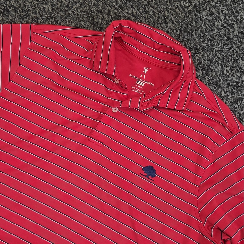 Fairway & Greene Golf Polo Mens Medium Red Striped Golf Course Logo